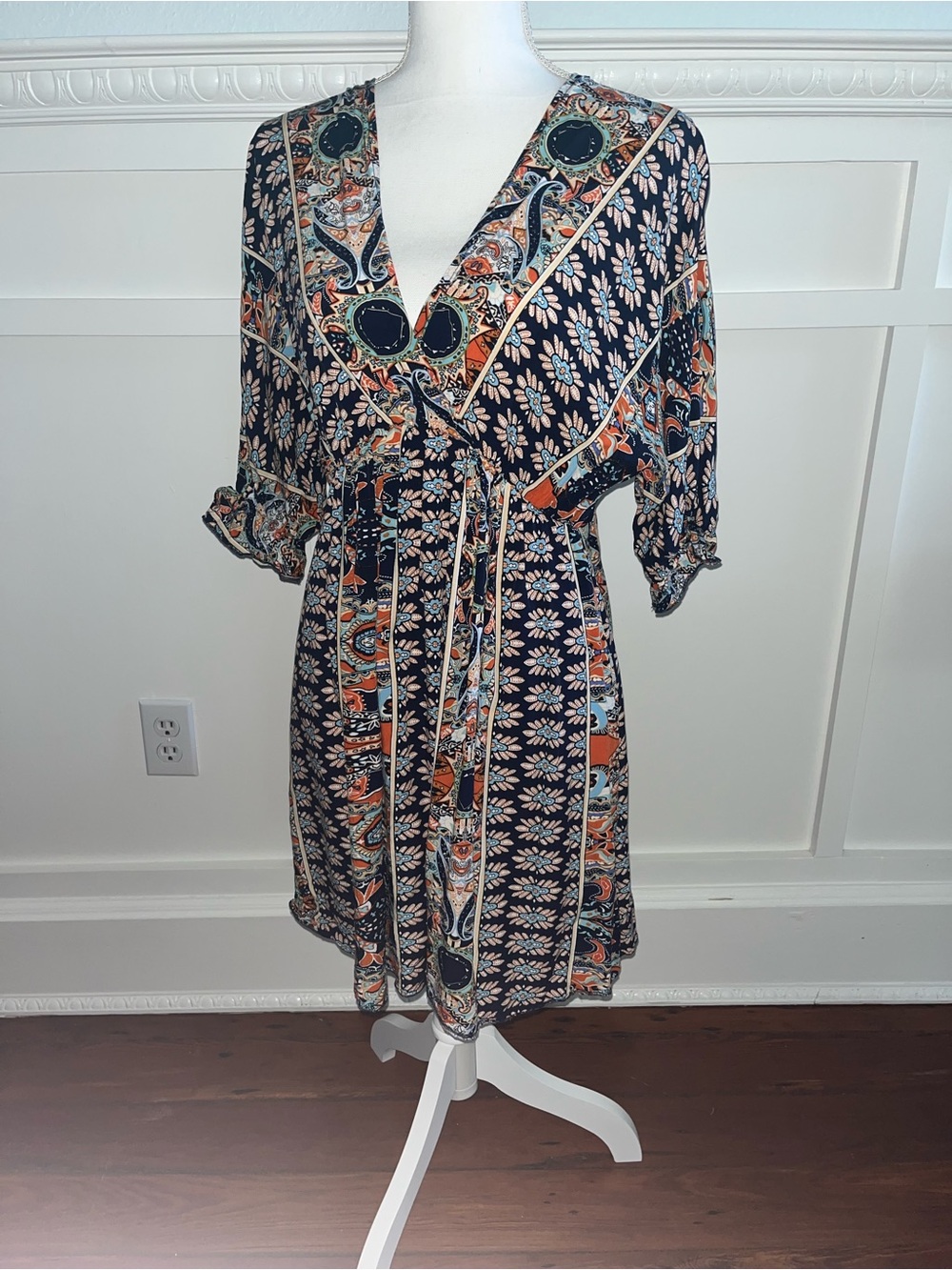 Floral Paisley Navy Wrap Mini Dress with Tie Waist
